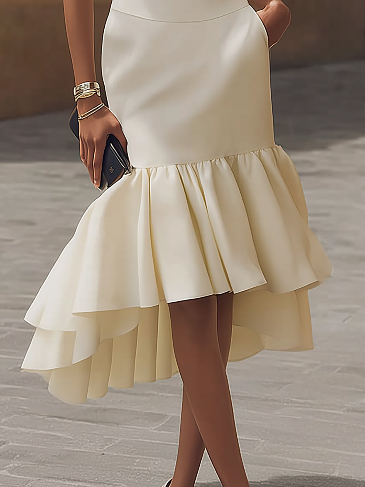 Ysara Cream High-Neck Midi Dress with Ruffled Mermaid Hem
