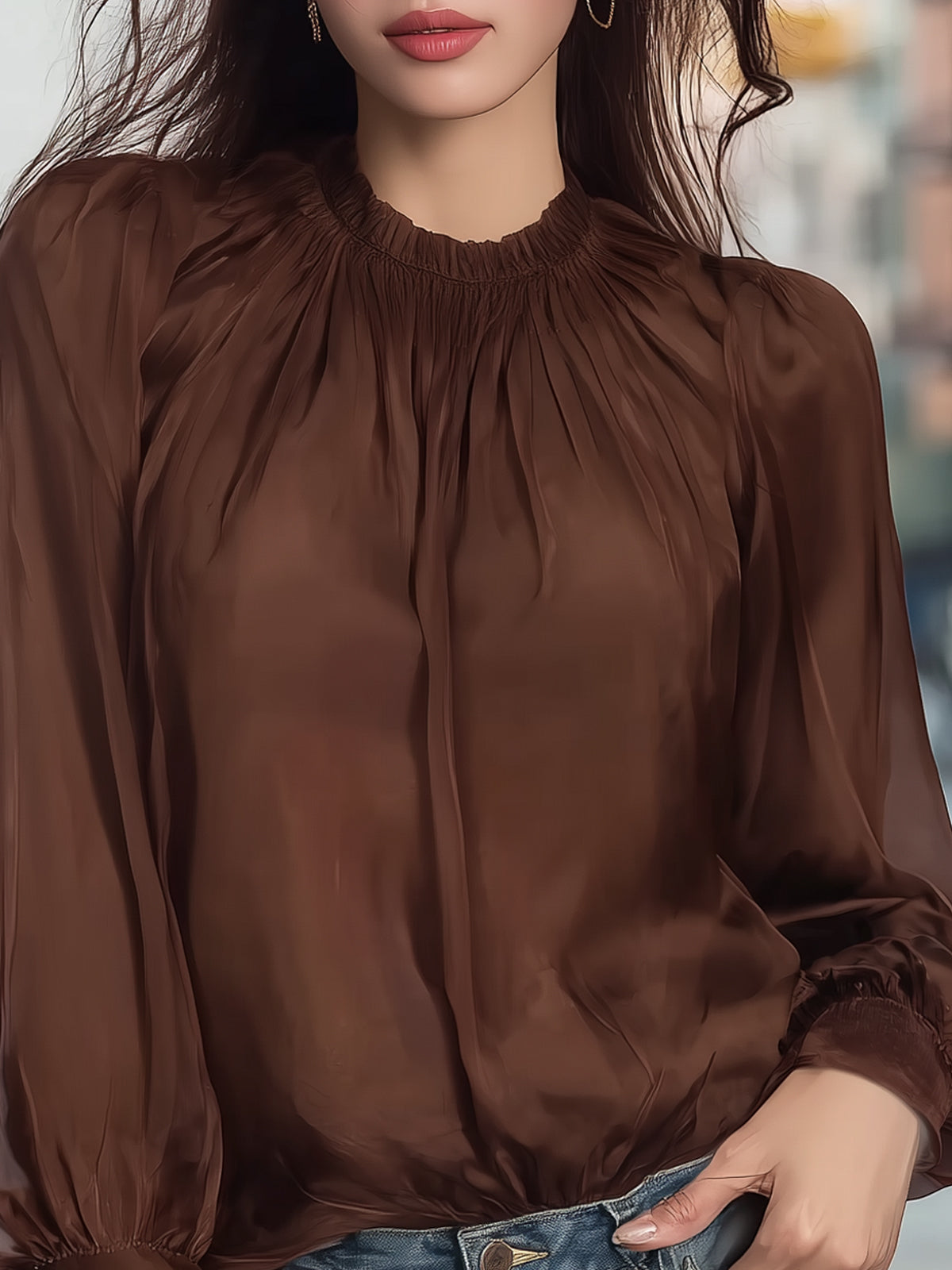 Ysara Stand-Collar Satin Blouse with Sheer Chiffon Sleeves