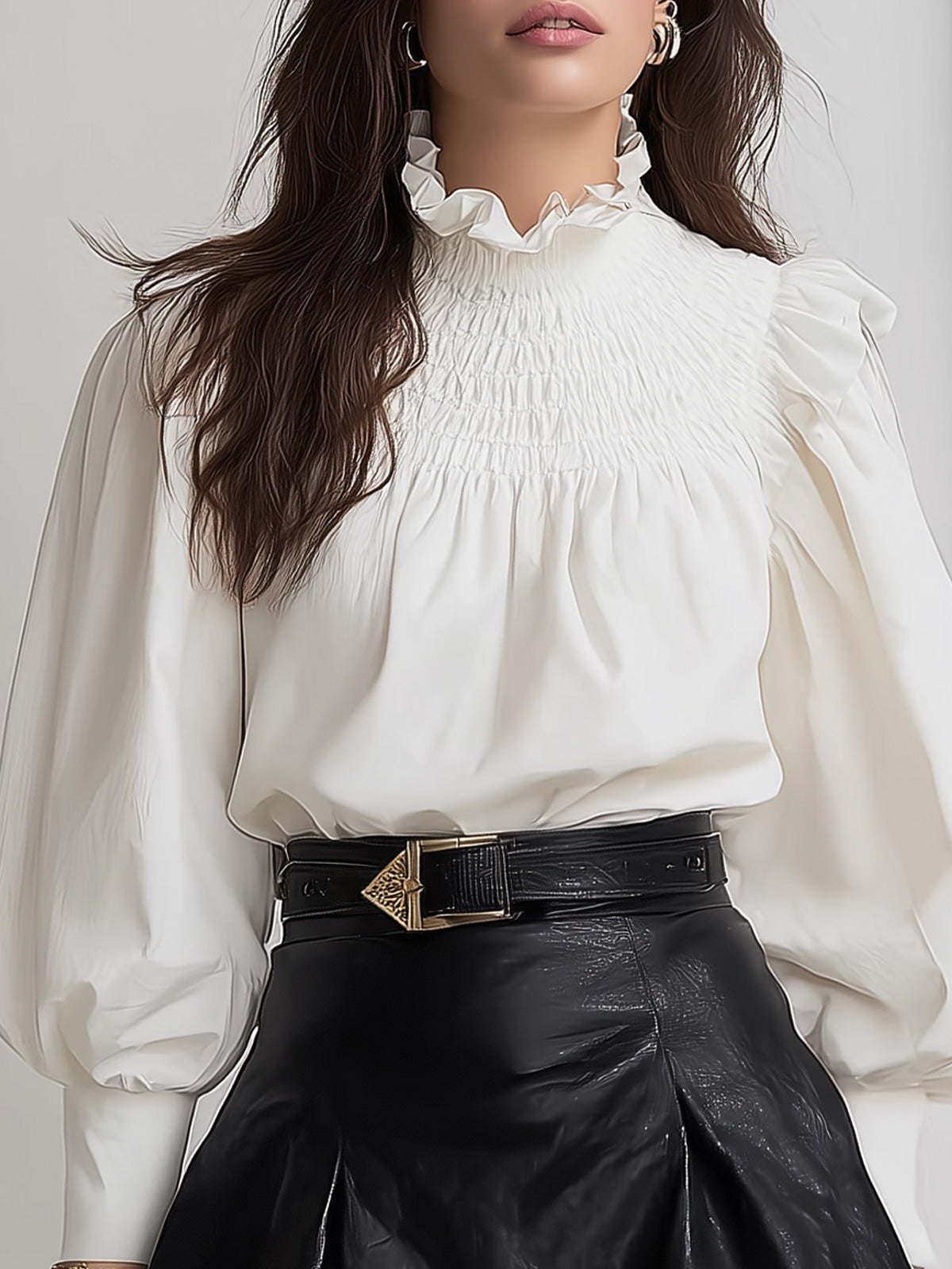 Maeyira Vintage White Shirt - Stand Collar & Pleated Puff Sleeves