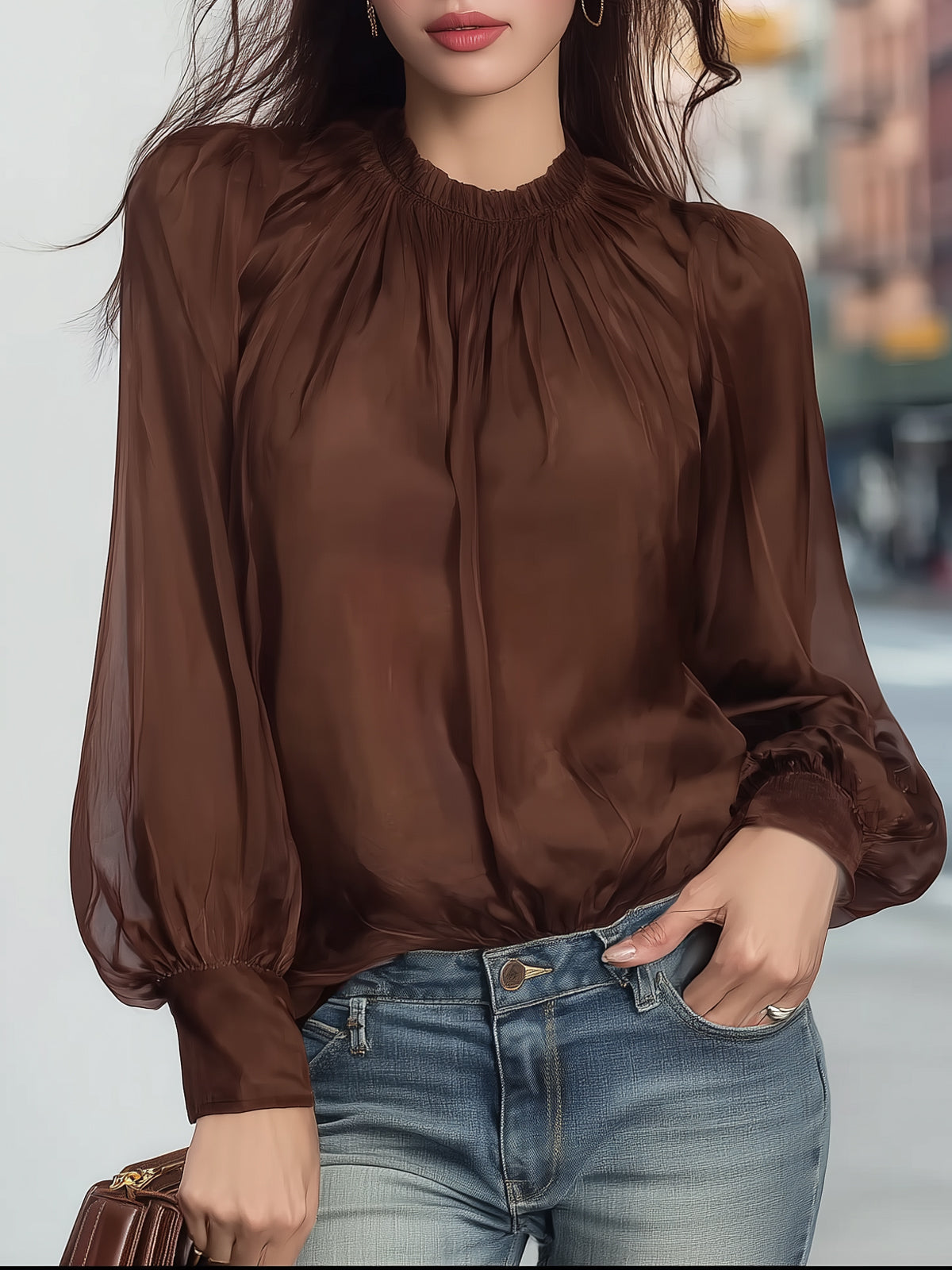 Ysara Stand-Collar Satin Blouse with Sheer Chiffon Sleeves