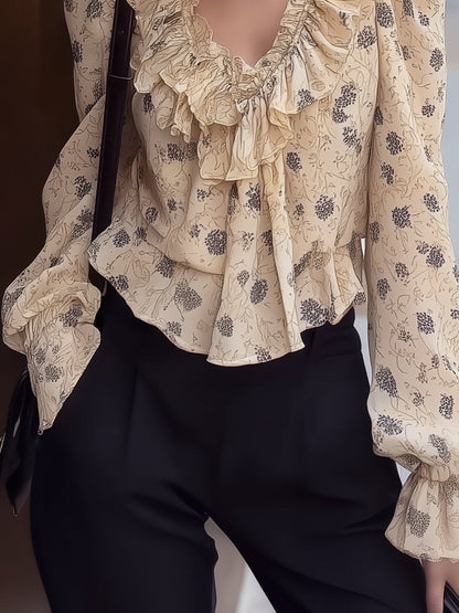 Ysara V-Neck Floral Chiffon Blouse with Elegant Ruffle Details