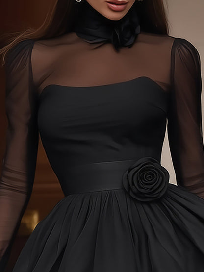 Ysara Black Mesh Sleeve Mini Dress with Rose Detail