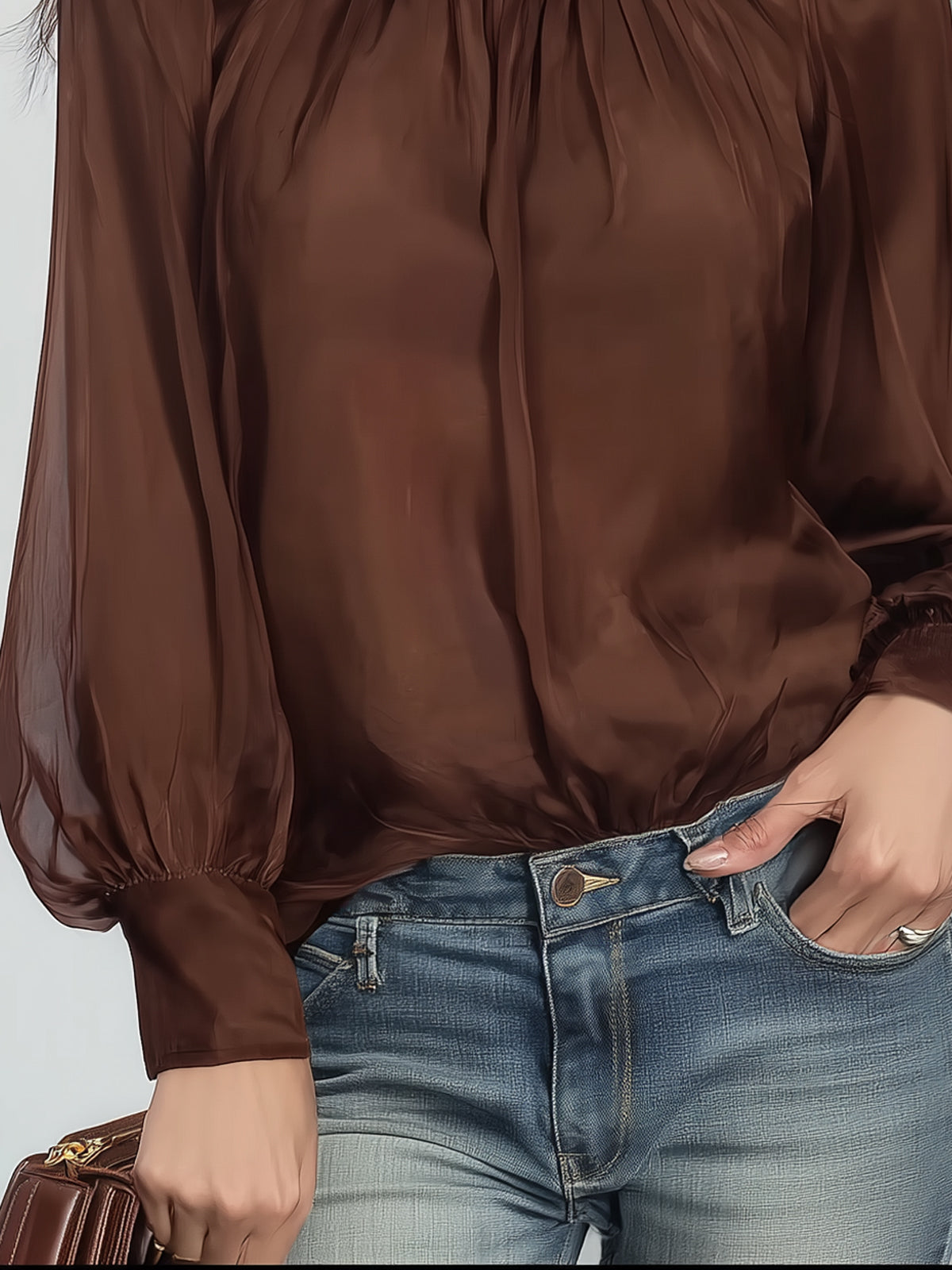 Ysara Stand-Collar Satin Blouse with Sheer Chiffon Sleeves