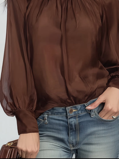Ysara Stand-Collar Satin Blouse with Sheer Chiffon Sleeves