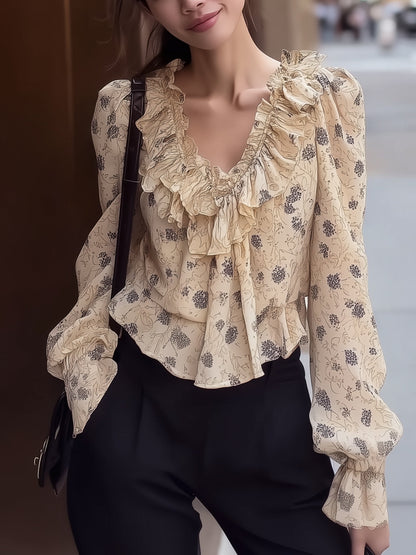 Ysara V-Neck Floral Chiffon Blouse with Elegant Ruffle Details