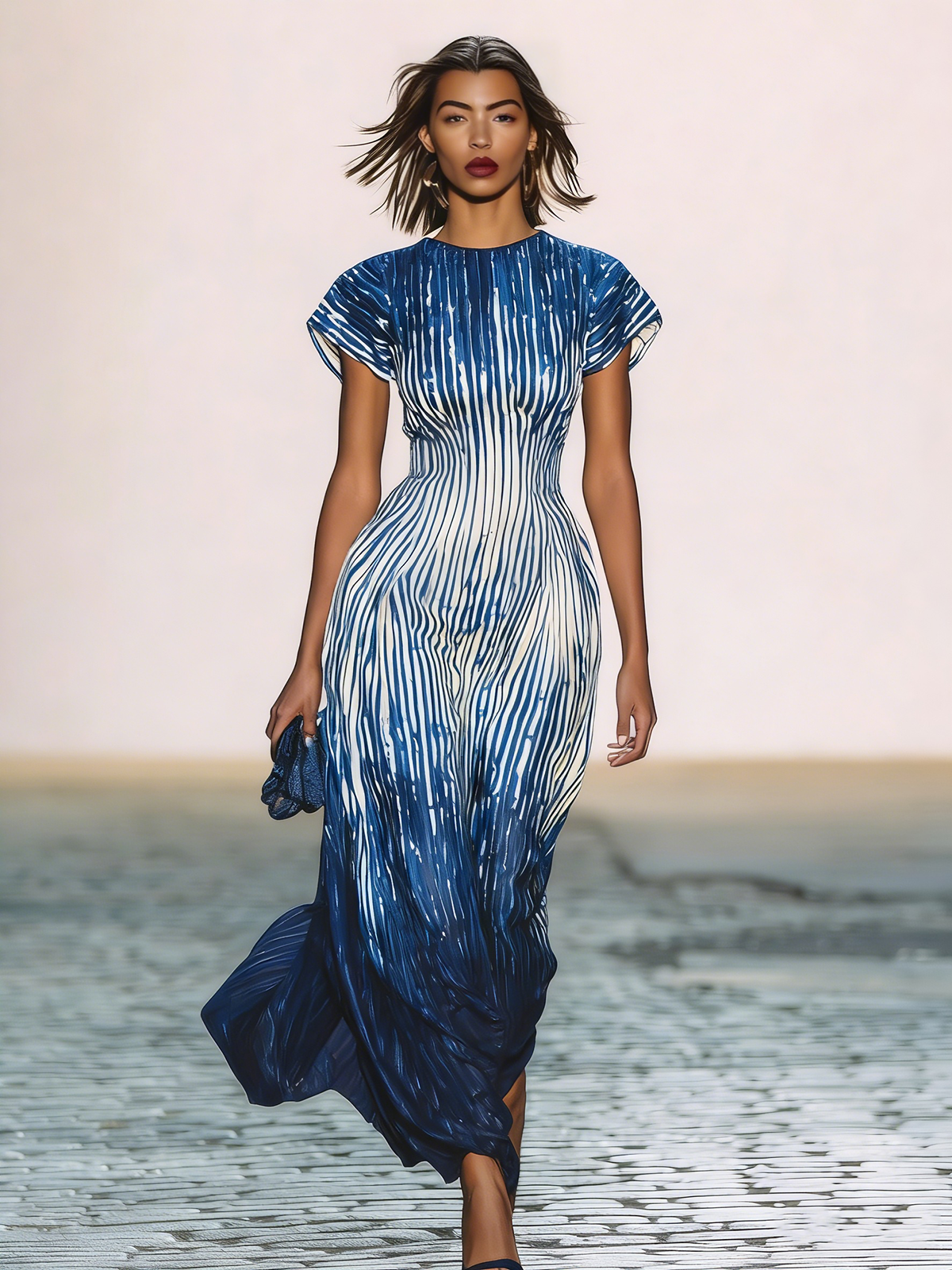 Ysara Blue Ombre Stripe Maxi Dress Short Sleeve Flowy