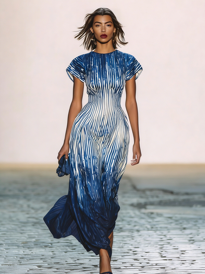 Ysara Blue Ombre Stripe Maxi Dress Short Sleeve Flowy