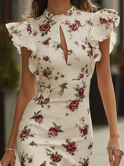 Ysara White Floral Print Midi Dress with Ruffle Sleeves
