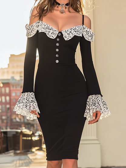 Ysara Black Contrast Lace Off Shoulder Bodycon Midi Dress