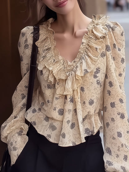 Ysara V-Neck Floral Chiffon Blouse with Elegant Ruffle Details