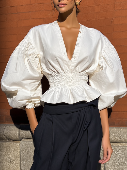 Maeyira Elegant White V-Neck Blouse with Voluminous Puff Sleeves 