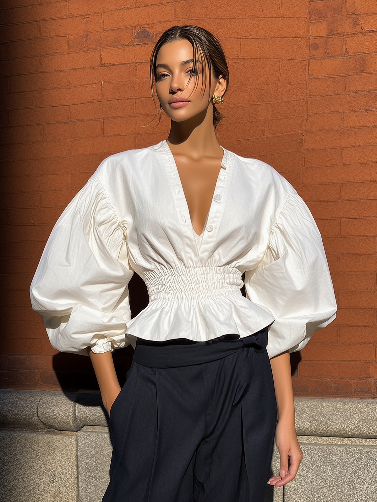 Maeyira Elegant White V-Neck Blouse with Voluminous Puff Sleeves 