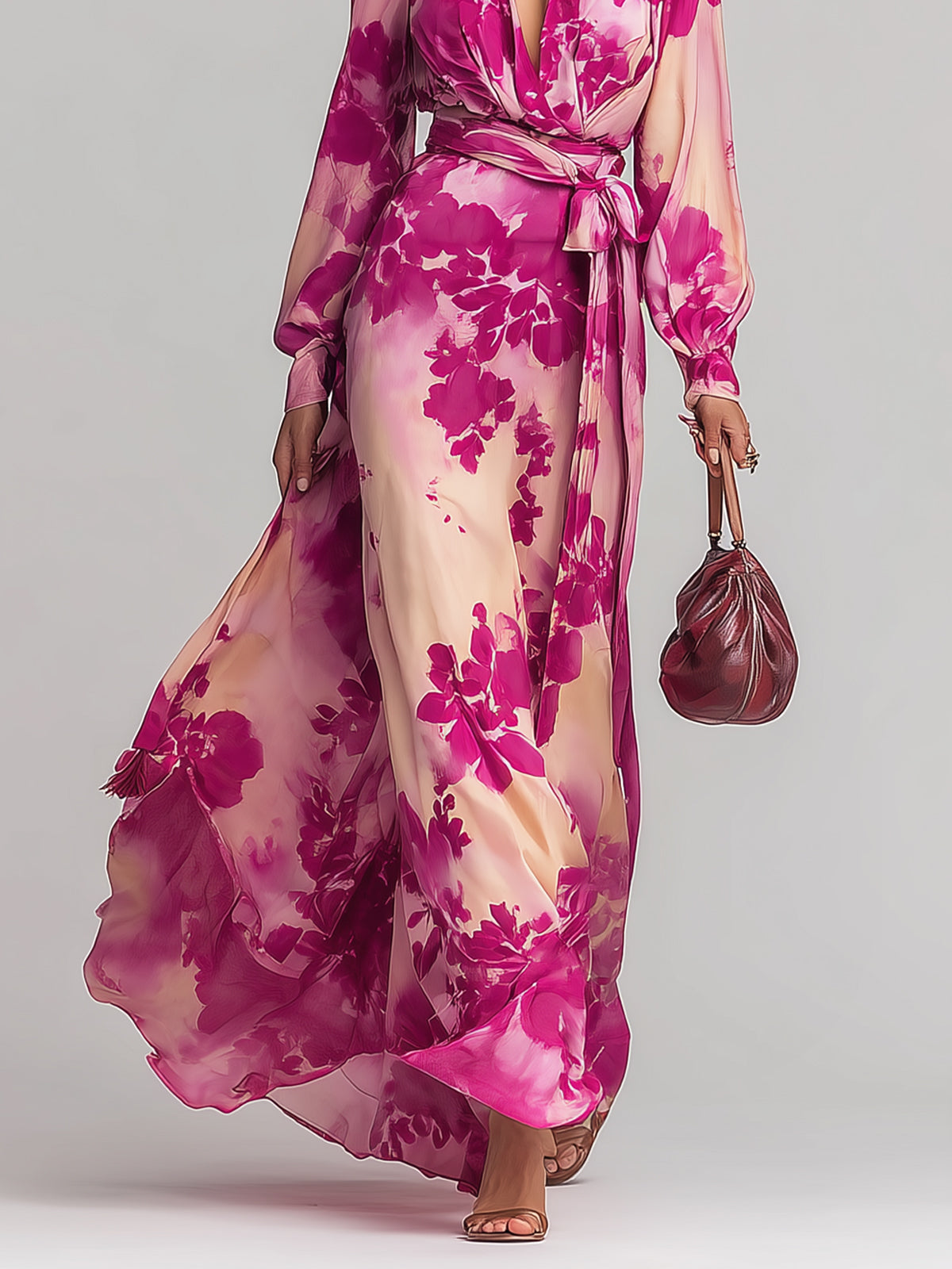 Ysara  Pink Floral Maxi Dress Deep V-Neck Wrap Tie Waist