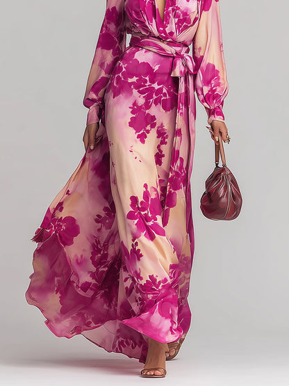 Ysara  Pink Floral Maxi Dress Deep V-Neck Wrap Tie Waist