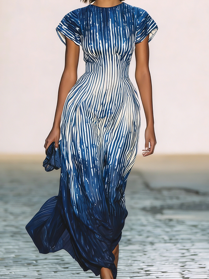 Ysara Blue Ombre Stripe Maxi Dress Short Sleeve Flowy