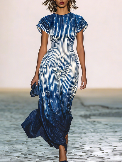 Ysara Blue Ombre Stripe Maxi Dress Short Sleeve Flowy