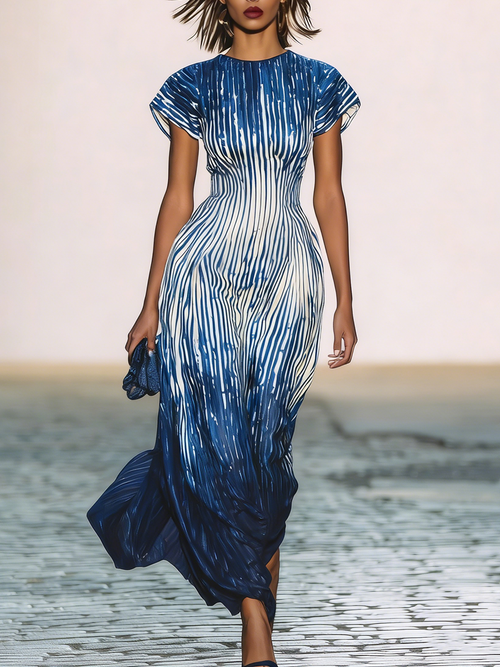 Ysara Blue Ombre Stripe Maxi Dress Short Sleeve Flowy