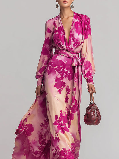 Ysara  Pink Floral Maxi Dress Deep V-Neck Wrap Tie Waist