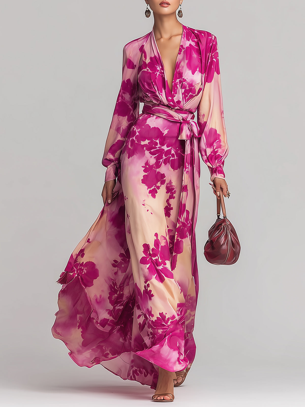 Ysara  Pink Floral Maxi Dress Deep V-Neck Wrap Tie Waist