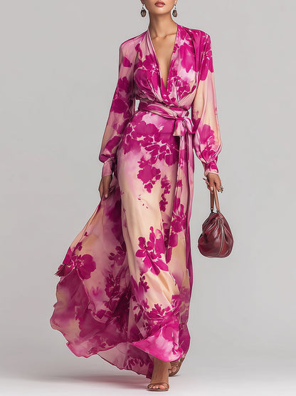 Ysara  Pink Floral Maxi Dress Deep V-Neck Wrap Tie Waist