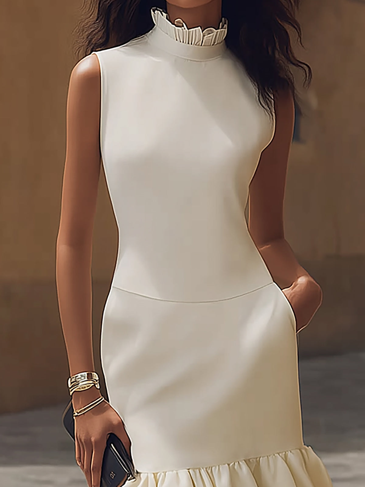 Ysara Cream High-Neck Midi Dress with Ruffled Mermaid Hem
